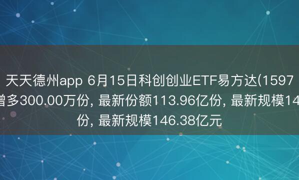 天天德州app 6月15日科创创业ETF易方达(159781)份额增多300.00万份， 最新份额113.96亿份， 最新规模146.38亿元