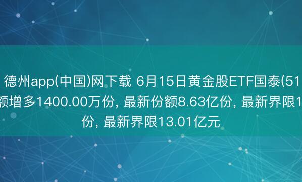 德州app(中国)网下载 6月15日黄金股ETF国泰(517400)份额增多1400.00万份， 最新份额8.63亿份， 最新界限13.01亿元